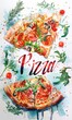 Calligraphy lettering - Pizza with pizza ingredients on light background. Template for restaurant, delivery, cafe