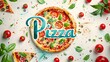 Calligraphy lettering - Pizza with pizza ingredients on light background. Template for restaurant, delivery, cafe