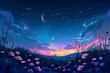 © Tohamina - A serene stylized landscape, sleep meditation concept, featuring flowers in the foreground, a peaceful night sky sprinkled with stars, and a glowing crescent moon