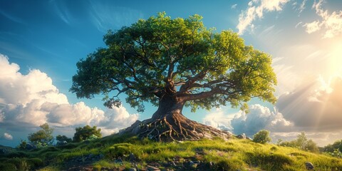 Wall Mural - A majestic old tree stands in a lush green forest, its branches reaching towards the sky.