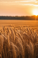 Close-up of golden wheat ears in a rural wheat field at sunset. Agricultural scene with cultivation of cereals with copy space. Concept of natural organic farming with rich harvest.	
