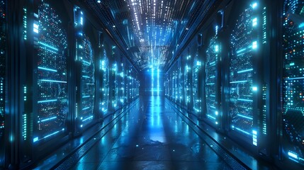 Poster - quantum computer room with glowing data streams futuristic science fiction concept of advanced techn