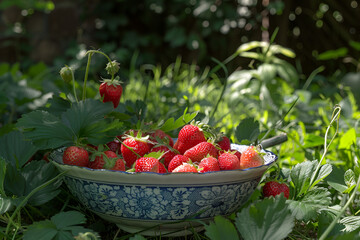 Wall Mural - Bowl of strawberries in summer garden