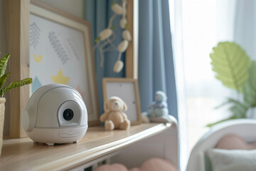 Wall Mural - A sleek, contemporary baby monitor equipped with a high-definition camera, positioned on a wooden shelf in a well-decorated childrens room, ensuring safety and peace of mind for parents 