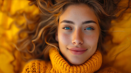 Wall Mural - A woman with blue eyes laying on a yellow blanket.