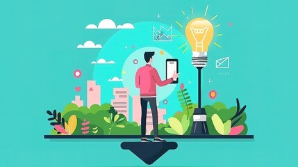 Wall Mural - A man standing on a balance scale holding a tablet with a light bulb idea on top of it