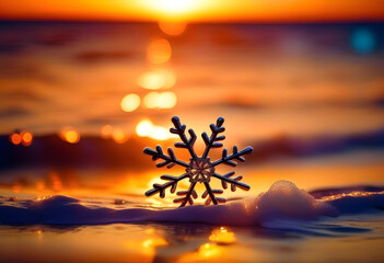 Wall Mural - A snowflake ornament hanging on a branch with a sunset beach in the background