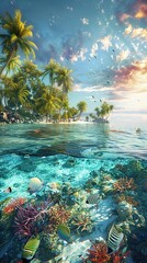 a tropical island with palm trees and fish swimming in the sea, sunset sky, underwater view of coral reef