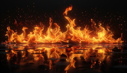 Wall Mural - A long line of fire with a body of water in the background by AI generated image