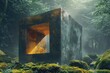 An enigmatic cube with an inner glow sits mysteriously among the misty greens of a serene forest landscape
