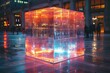A glowing orange cube installation lights up a city square at dusk, reflecting on the wet pavement around it