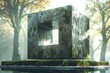 A cube with a hollow center stands in a forest, where mist and greenery enhance its surreal beauty