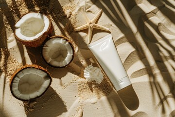 A tube of white cream lies on the beige surface, next to it is an open coconut with two half coconuts and starfish lying nearby. beauty products in an elegant setting.