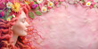 Woman's profile and flowers in the felt style on a felt pink backdrop. Woman's day background