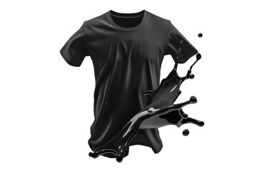 Plain black t-shirt floating with splashes isolated on transparent background