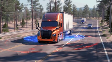 An autonomous semi-truck with visible sensor overlays navigates a forest-lined highway under clear skies.