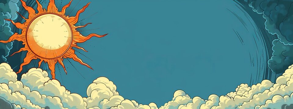 A sun at one corner and clouds at the opposite corner, framing a blank space for symbol or text.