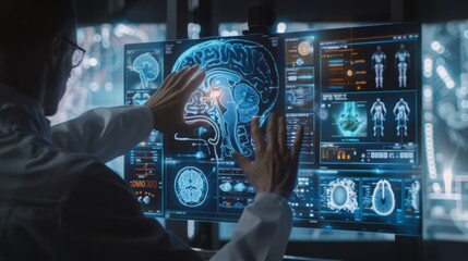 Poster - A man is studying a computer screen displaying a detailed brain scan, focusing intently on the data and analysis presented.