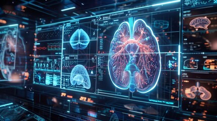 Poster - A dark room features a vast display of brain images, showcasing detailed scans and medical information.