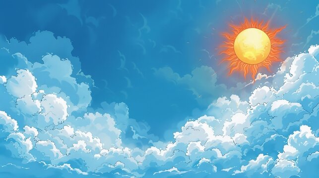 A sun at one corner and clouds at the opposite corner, framing a blank space for symbol or text.
