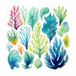 Set of 17 algae isolated on a white background. Watercolor illustration of algae. Underwater plants composition. Colorful leaves for your design. Aquarium plants.