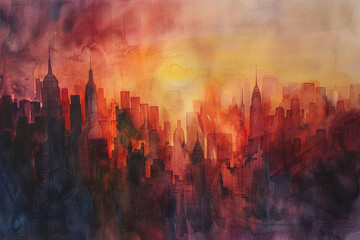 Wall Mural - A watercolor painting of a cityscape in warm colors 