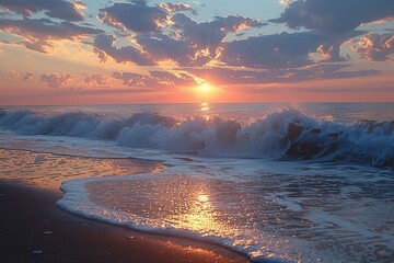 Wall Mural - Tranquil Sunset: Beach Waves Harmony