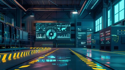 Poster - A modern control center with advanced digital screens and interactive displays illuminated in a low-light environment.