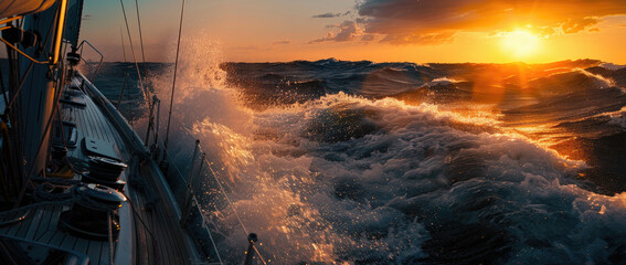 Wall Mural - A close-up shot of the sailboat's deck, showcasing waves crashing against it as sunlight illuminates the scene from behind. The camera captures the dynamic motion and energy on board