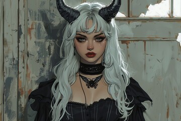 Wall Mural - Blackhorned Anime Girl: White Locks Full Body Art