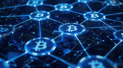 Poster - a representation of bitcoin with digital connections and circuits, highlighting cryptocurrency techn