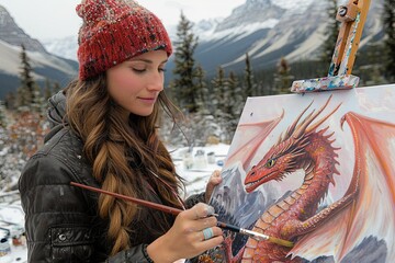 Wall Mural - Dragon Painting: Closeup with NatureBackdrop