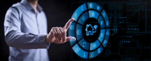 Hand using AI smart tablet with smart home app on the room, circular interface of the smart home automation assistant on the virtual screen and user touches the button, smart home digital interface