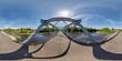 full seamless spherical 360 hdri panorama on iron steel frame construction of pedestrian bridge across the river in equirectangular projection, ready for VR virtual reality content