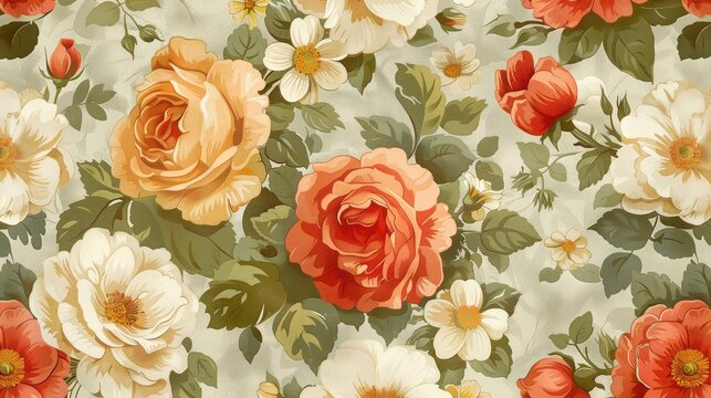 A pattern showcasing delicate vintage-inspired flowers like roses, daisies, and tulips.
