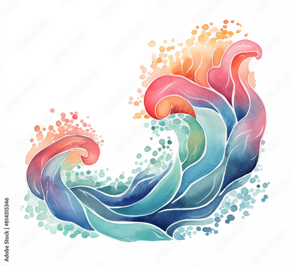 Wave illustration: sea waves isolated on a white background. Watercolor ...