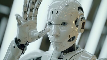 Aufkleber - Futuristic White Robot Posing With Hand Raised. Close-up of an AI Humanoids Head. Conceptual Portrait of Artificial Intelligence in Minimalist Style. Modern, Clean Robot Design. AI