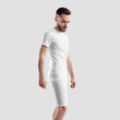 Mockup of white sports t-shirt, shorts on athletic guy, male compression underwear, side view, isolated on background.