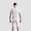 Mockup of white sports t-shirt on athletic guy, back view, male compression suit, shirt, shorts for design, branding, advertising.