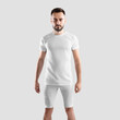 Mockup of white compression underwear on bearded man, sports t-shirt, shorts, front view, isolated on background.