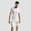 Template of white male t-shirt, shorts, compression underwear on sporty guy, front view, for design, branding, advertising.