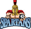 A spartan or trojan angry mean pool billiards mascot cartoon character holding a black 8 ball.