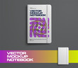 Vector notebook mockup, top view, with elastic band, notepad with geometric illustration, hardcover.