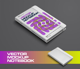 Poster - Mockup vector notebook with geometric illustration, diary with elastic band, hardcover for design, on gray background.