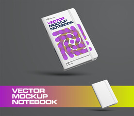Poster - Vector notepad template with elastic band, notepad presentation diagonally in the air, gradient geometric illustration on hardcover.