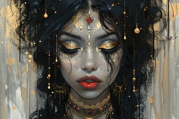 Wall Mural - Moon Goddess: Undercut Elegance in Dark Night Closeup Illustration