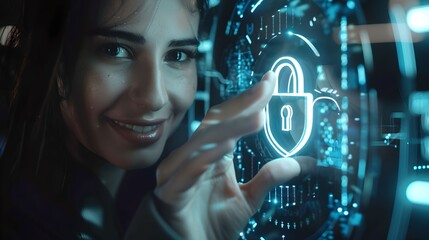 Aufkleber - Smiling Woman Interacting with Futuristic Security Interface, Advanced Cyber Protection Concept, Digital Lock Access, Technology Lifestyle. AI