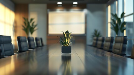 An empty conference room with a polished table, chairs, and presentation screen, ready for corporate meetings and discussions during business travel. 