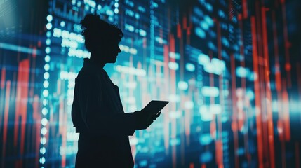 Wall Mural - The silhouette of a trader with a digital tablet, surrounded by virtual screens projecting candlestick charts representing stock market performance and trends.