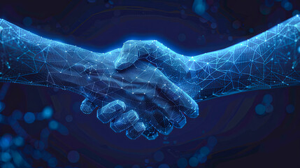 Poster - Handshake of a man and a woman in the form of a polygonal mesh on a dark blue background. The concept of business, partnership and cooperation.